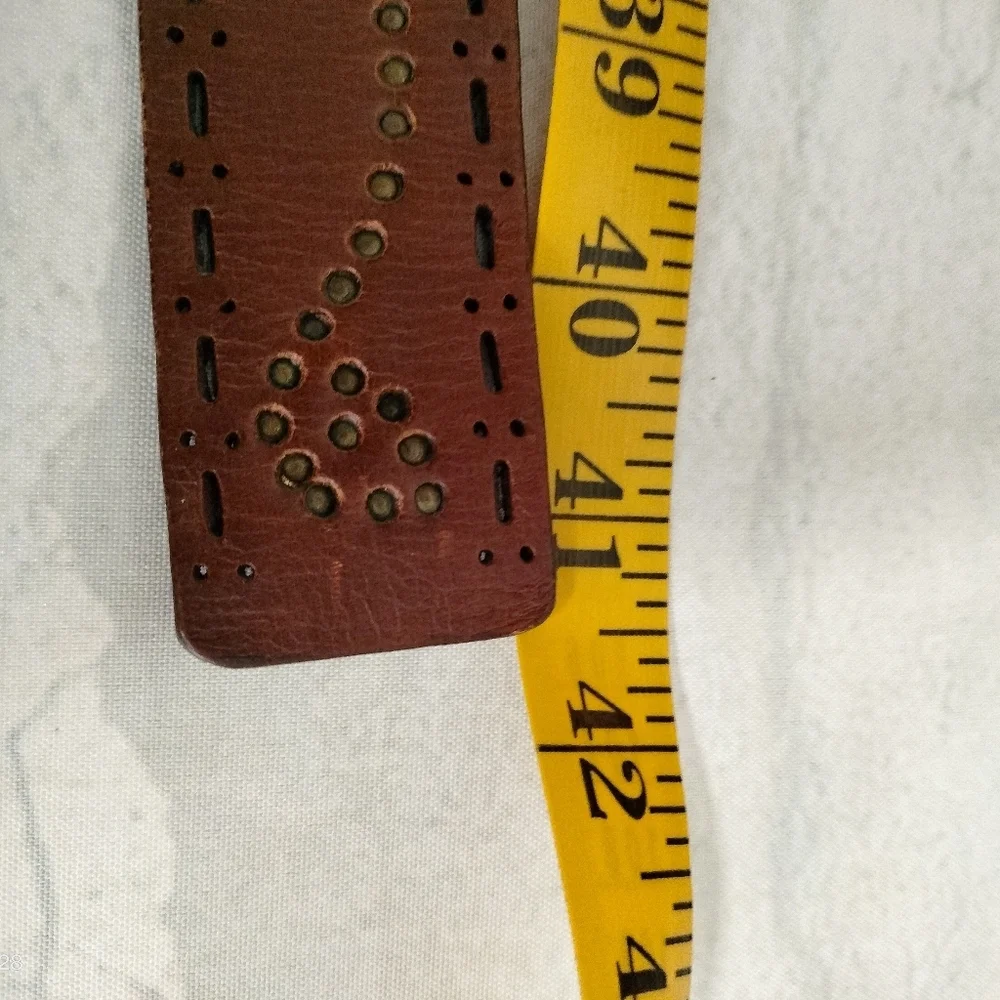 Unisex Brown Leather Belt Embossed Brass Brads Buckle Diecut Western Retro